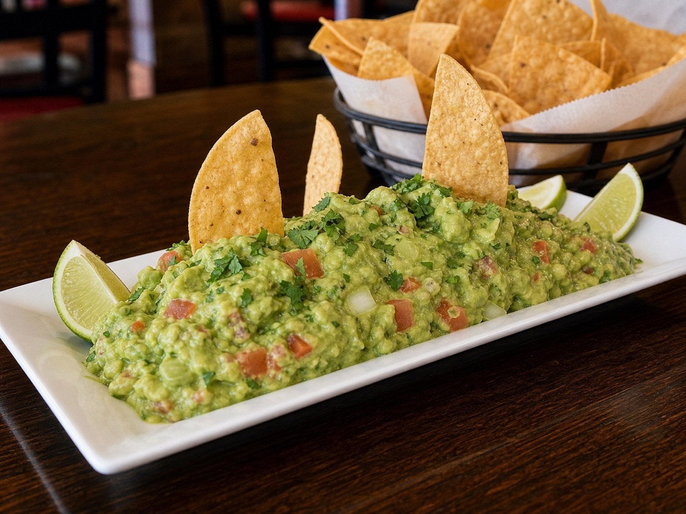 Chunky guacamole with tortilla chips and lime