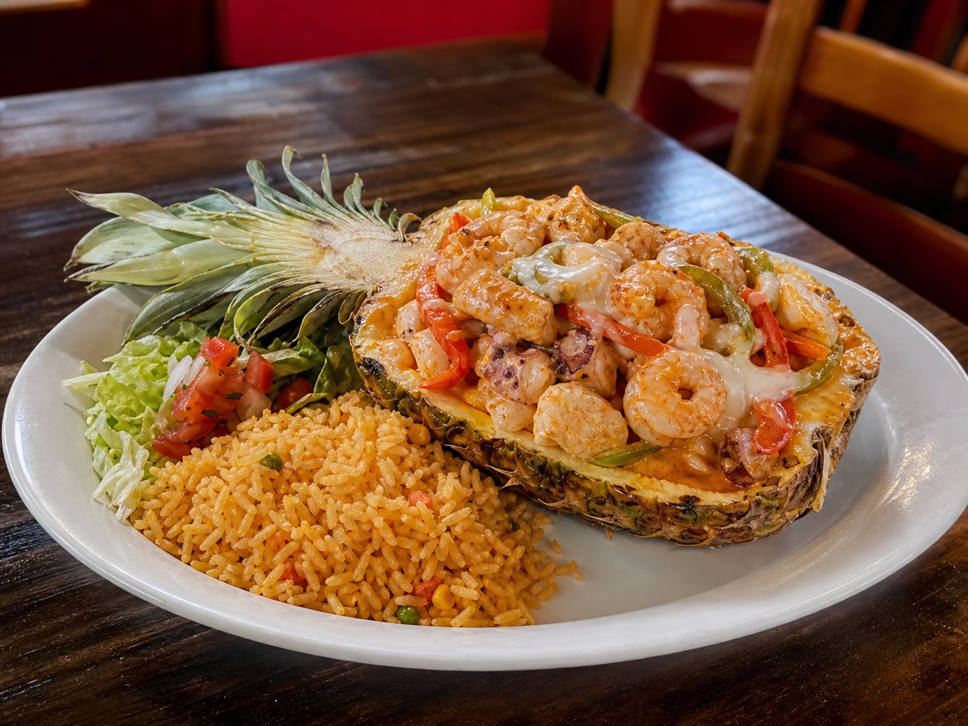 Pineapple filled with shrimp and mixed seafood, served with rice and salad